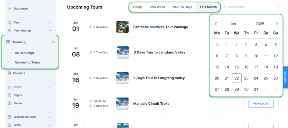 Upcoming Tours Listing Page