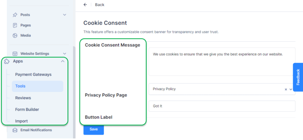 Cookie Consent feature