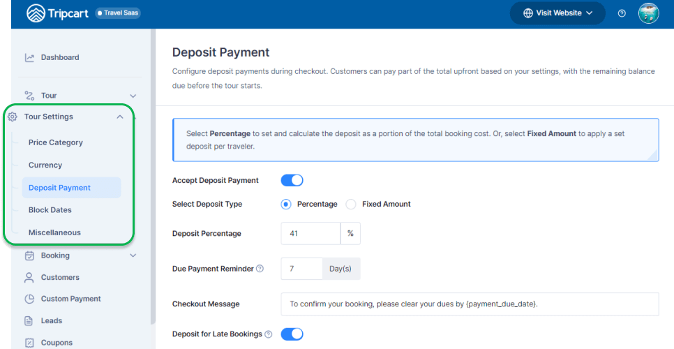 Deposit Payment Settings