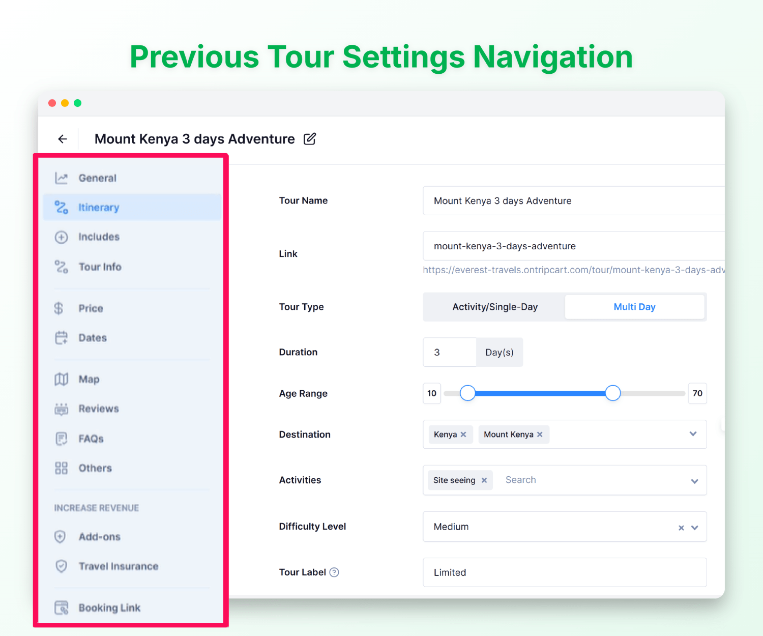 Reorganized Tour Settings Navigation