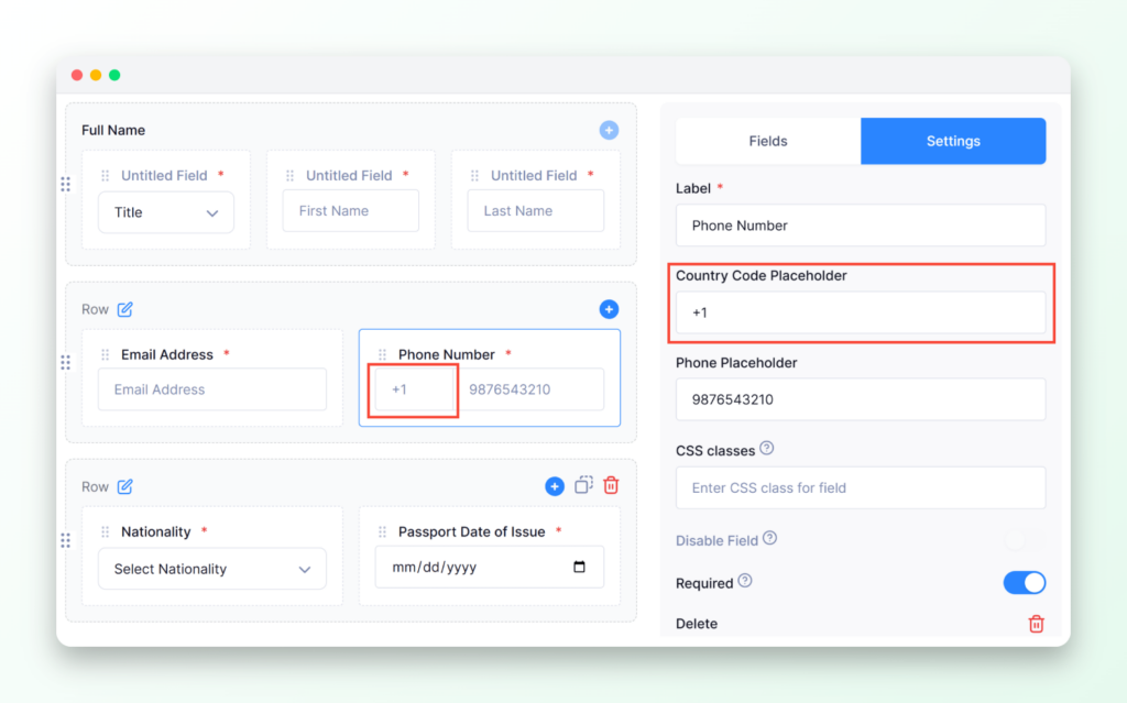 Country code placeholder field
